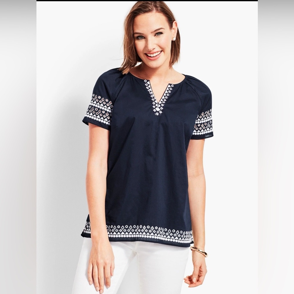 Talbots Navy/White Embroidered Short Sleeve Boho Top Women M Cotton Blouse